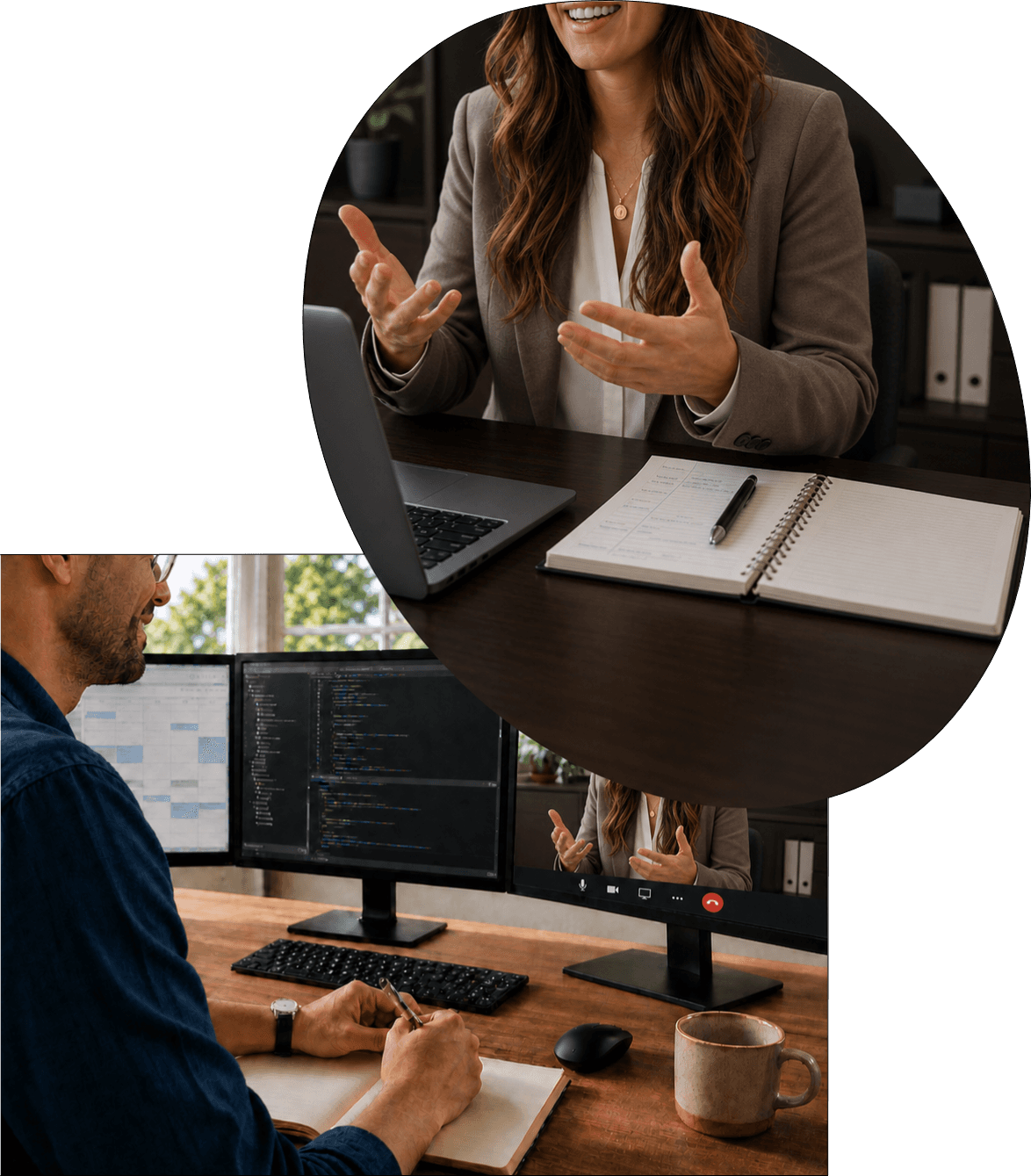 A consultant listening to a client during a video call.