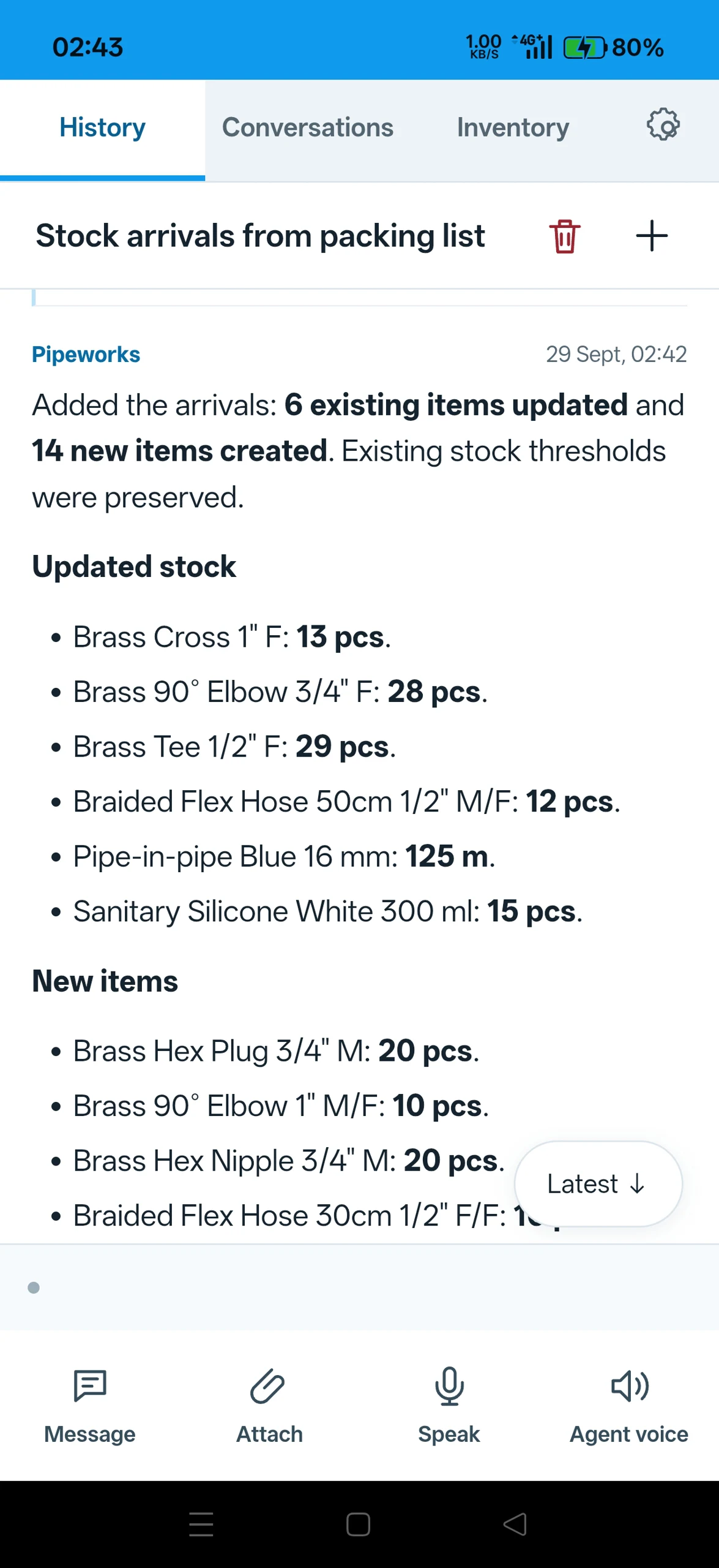 Application response reporting six updated items and fourteen new items, followed by their quantities.