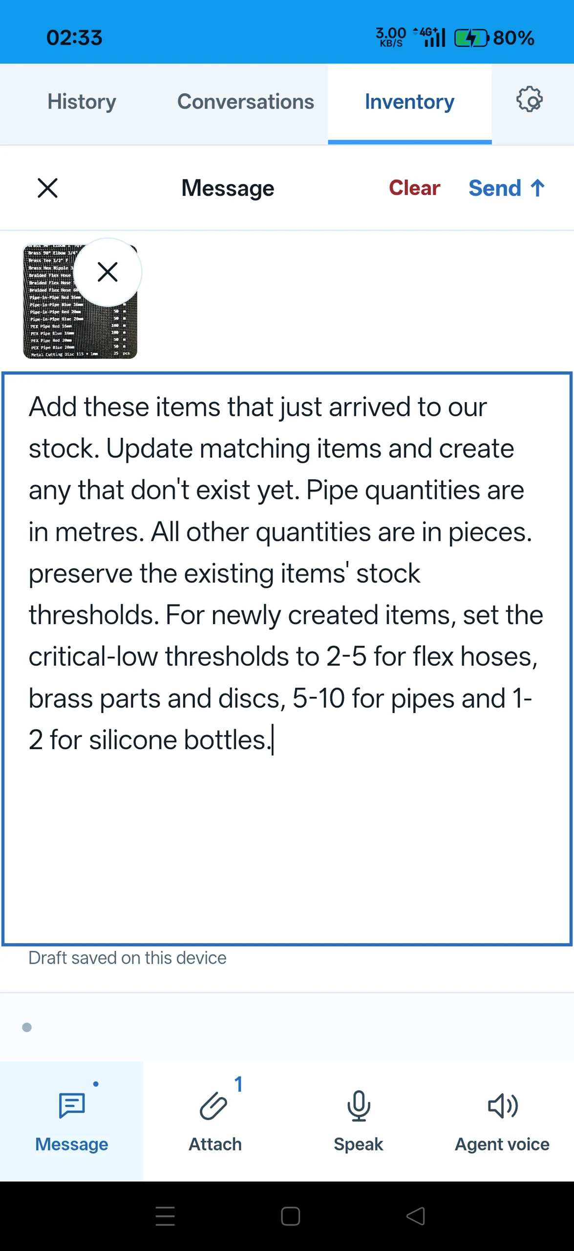 A delivery note attached to a request to update matching inventory items and create new ones, with units and stock thresholds specified.