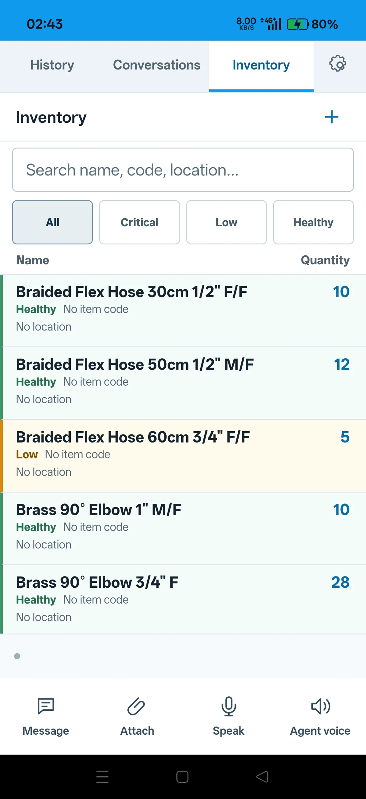 Updated inventory showing twelve of the existing flex hose, twenty-eight of the existing brass elbow, and newly added items.